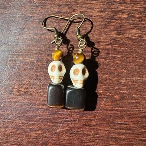 Sugar Skull Tiger’s Eye Earrings Handmade Stone Earrings